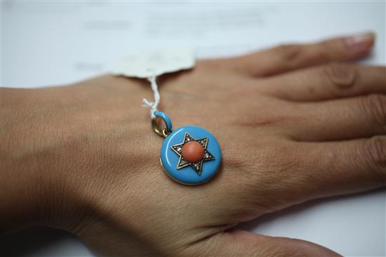 A late Victorian, gold, split coral bead, rose cut diamond and blue enamel pendant locket, overall 1.25in.